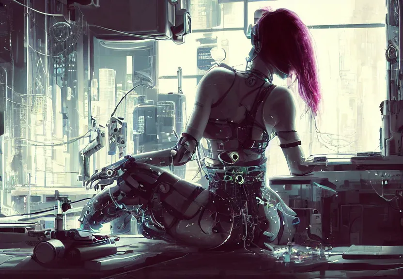 Prompt: cyberpunk girl replacing her leg in a laboratory, epic, artwork by Inceoglu, Ismail