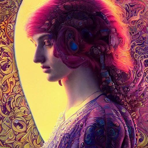 Image similar to portrait of sophie turner, hyper detailed masterpiece, neon floral pattern, jean giraud, digital art painting, darkwave goth aesthetic, psychedelic, artgerm, donato giancola and tom bagshaw