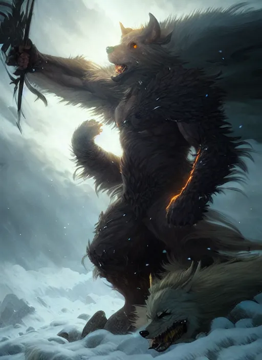 Prompt: Fenrir freeing all his power, Nordic landscape, fantasy magic, dark light night, sharp focus, digital painting, concept art, d&d, art by WLOP and Artgerm and Greg Rutkowski and Alphonse Mucha