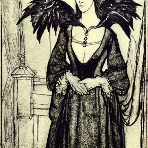 Prompt: Anne Boleyn growing bird wings and a beak, she is sad, style of Arthur Rackham