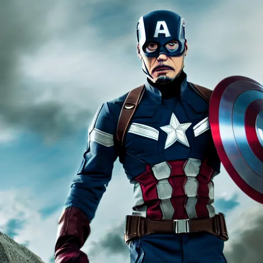 Image similar to Robert Downey Jr as captain america, 8k ultra hd, hyper detailed