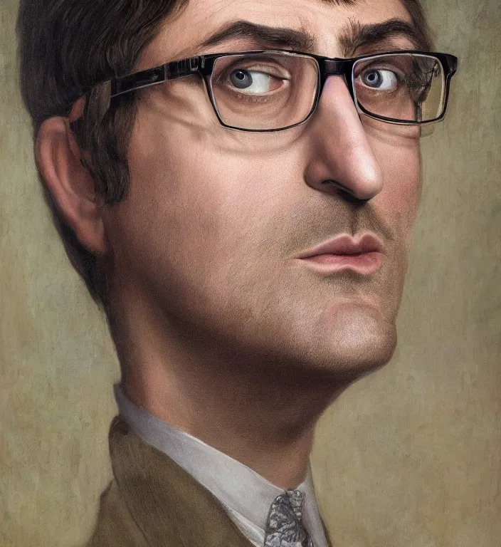 Image similar to a breathtakingly stunningly beautifully highly detailed portrait of a majestic louis theroux, by rosetti and devinci and michael cheval and sidney cooper and turner, 4 k