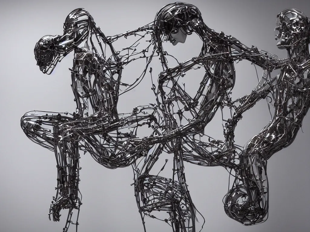 Image similar to dialysed romance, a hyperreal sculpture by diuq s, showing the complex twisted biomechanical interleaving reality of man and machine