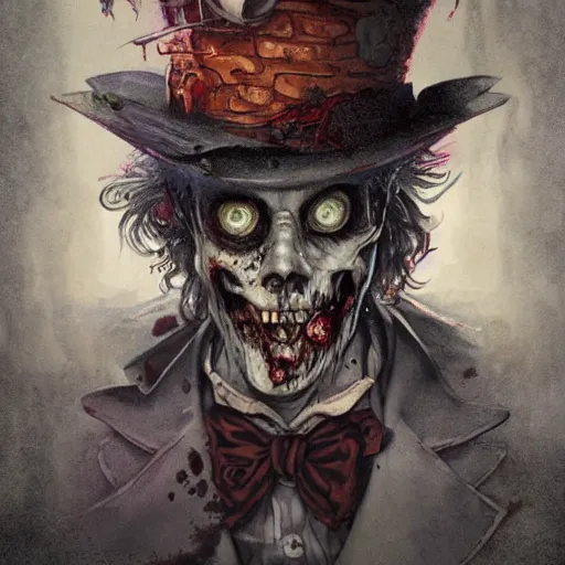 Image similar to Zombie mad hatter, detailed intricate ink illustration, dark atmosphere, detailed illustration, hd, 4k, digital art, overdetailed art, concept art, by greg rutkowski, by loish, complementing colors, Trending on artstation, deviantart