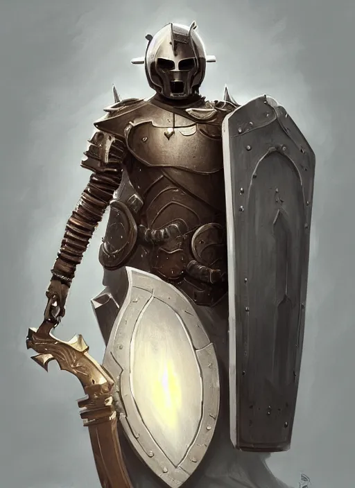 Image similar to portrait of a warforged character holding a paladin engraved longsword and carrying a big shield, concept art, by Greg Rutkowski