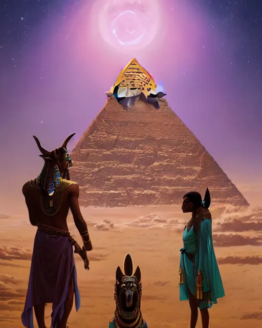 Image similar to highly detailed vfx portrait of a egyptian god anubis talking to horus with pyramid behind them, sky galaxy purple, unreal engine, greg rutkowski, loish, rhads, beeple, makoto shinkai and lois van baarle, ilya kuvshinov, rossdraws, tom bagshaw, alphonse mucha, global illumination, detailed and intricate environment