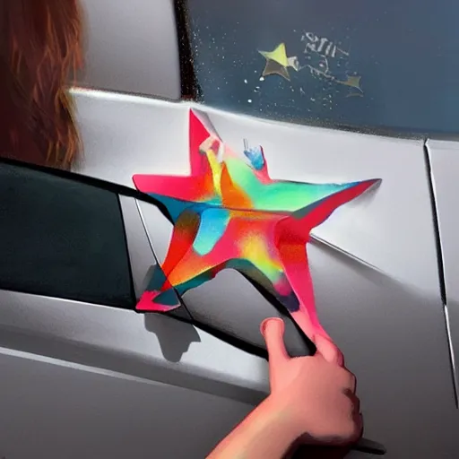 Image similar to close up of child's hand attaching a star - shaped sticker to a truck, digital art by ruan jia and mandy jurgens and artgerm, highly detailed, trending on artstation, award winning