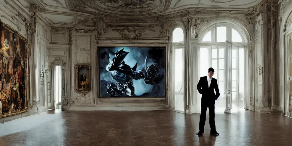 Image similar to Batman standing in giant Italian modern castle living room, clean minimalist design, that is 1300 feet tall, with very tall giant walls filled with modern art paintings, doors that are cosmic portals, photo by Annie Leibovitz