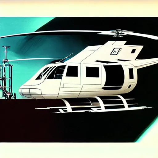 Image similar to concept art for helicopter + bus, painted by syd mead, high quality