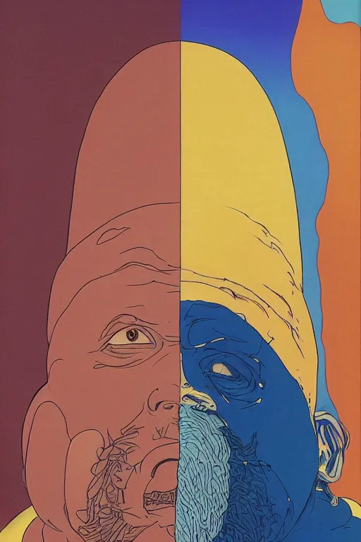 Prompt: a colorful closeup portrait of a bald man with a huge beard tasting a blotter paper of lsd acid and dreaming psychedelic hallucinations in the vast icy landscape of antarctica, by kawase hasui, moebius and edward hopper, colorful flat surreal design, hd, 8 k, artstation