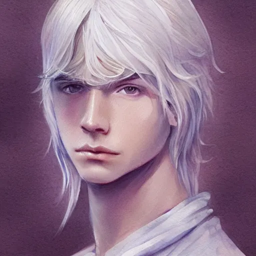 Prompt: teen boy, silver hair, shoulder - length hair, ethereal, elegant, intricate, delicate, sharp focus, highly detailed, artstation, watercolor, by charlie bowater and ross tran