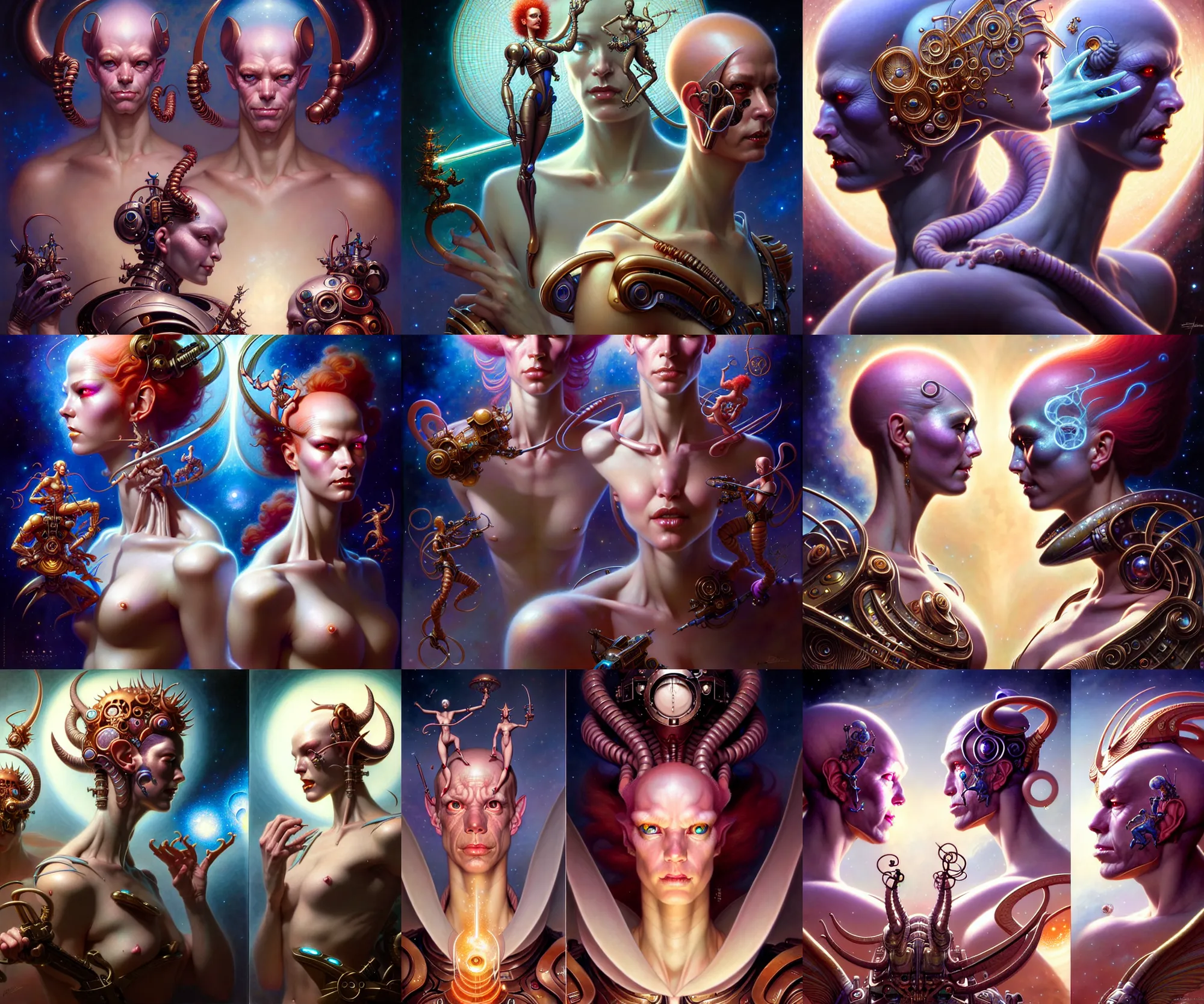 Prompt: beautiful gemini happy sad fantasy character portrait, ultra realistic, wide angle, intricate details, the fifth element artifacts, highly detailed by peter mohrbacher, hajime sorayama, wayne barlowe, boris vallejo, aaron horkey, gaston bussiere, craig mullins