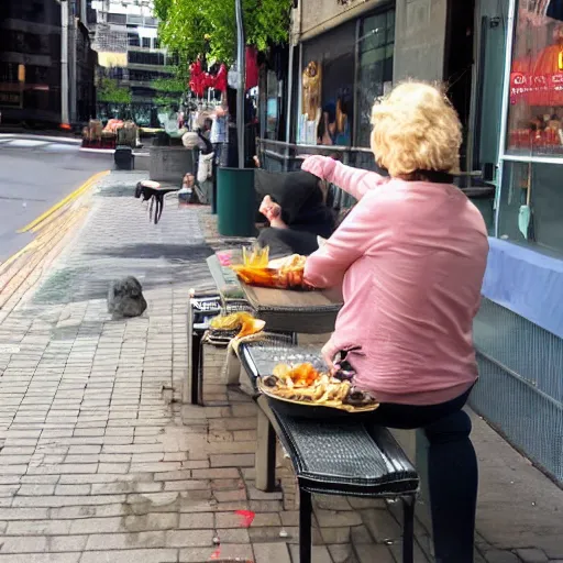 Image similar to bird stealing food from patrons at sidewalk cafe