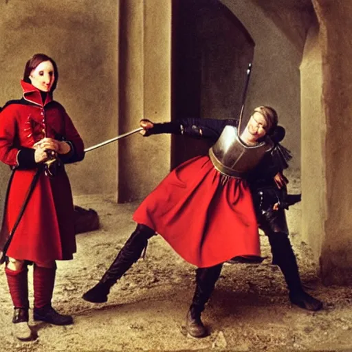Image similar to Joan of Arc fighting an English Redcoat soldier, colour war photography by Annie Leibovitz