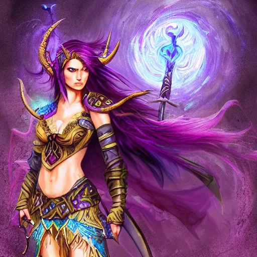 Prompt: high quality Dungeons and Dragons fantasy painting of a half-elf sorceress, she has purple hair, 35 years old, magical chaotic lights dance around her, ancient Persian city in the background