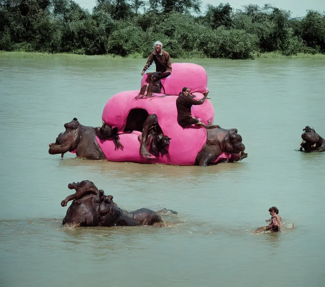 Image similar to a 3 5 mm photography, kodachrome colour of one grandpa riding a hippo in a pink lake, taken by martin parr