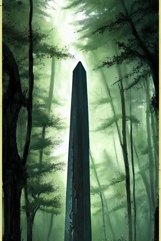 Image similar to greg rutkowski poster. ancient obelisk in the woods