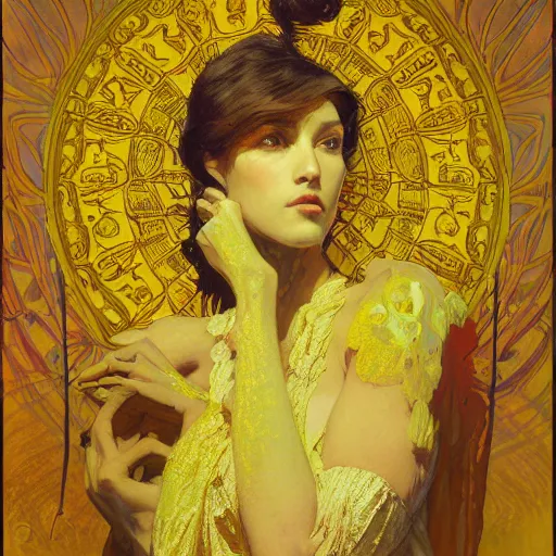 Prompt: king in yellow, highly detailed painting by ilya kuvshinov, alphonse mucha, gaston bussiere, craig mullins, j. c. leyendecker