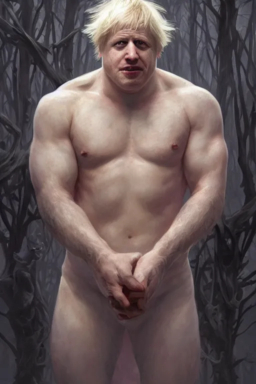 Image similar to portrait of boris johnson as a very pale hulking herculean demon, forest, godlike, full body, fantasy, intricate, elegant, highly detailed, digital painting, artstation, concept art, sharp focus, illustration, art by artgerm and greg rutkowski and alphonse mucha