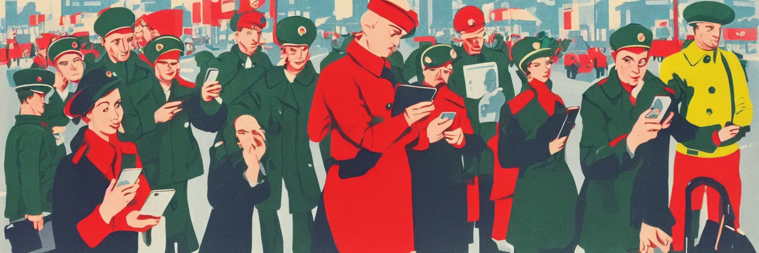 Image similar to A lot of people are standing at traffic lights and looking at their phones. soviet propaganda style