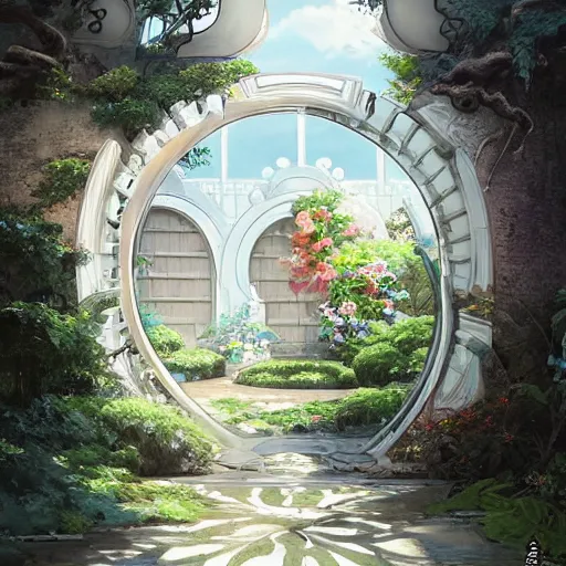 Image similar to circular gate in a white wall, leading to a garden. chinese architecture. fantasy. detailed. smooth. sharp focus. trending on arstation. cgsociety masterpiece, by rossdraws, ghibli, kimi no na wa, greg rutkowski, simon stalberg, greg manchess