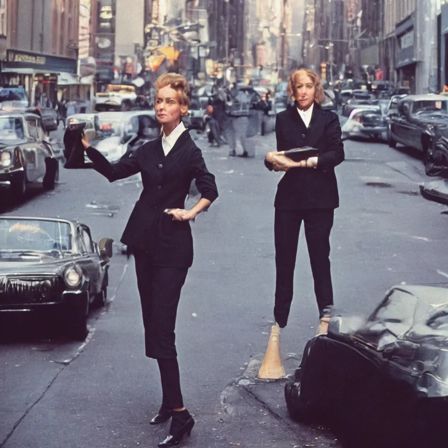 Image similar to portrait of a woman in a suit in the streets of new york, 1 9 6 0 s, colour film street photography, photo taken with ektachrome, featured on flickr, photographed on damaged film