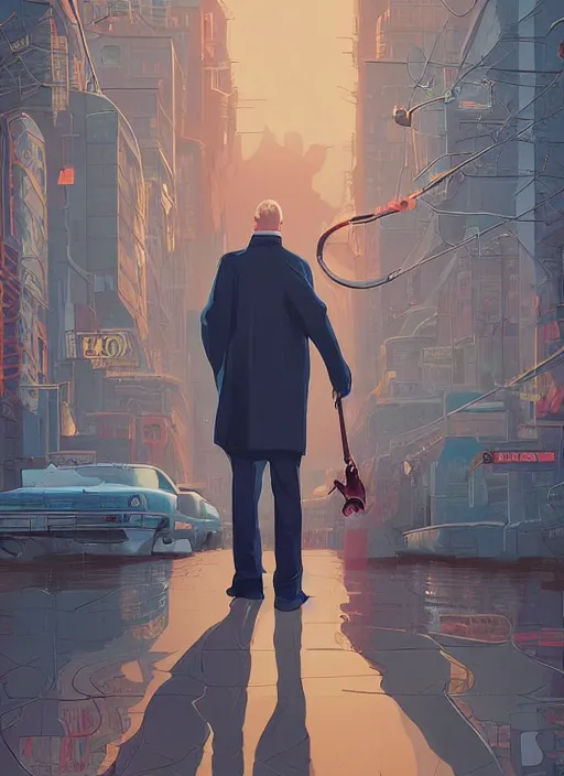 Prompt: poster artwork by Michael Whelan and Tomer Hanuka, Karol Bak of Jim Gaffigan blowing single perfect bubblegum, he's a hitman in peacoat, from scene from Twin Peaks, clean, simple illustration, nostalgic, domestic, full of details, by Makoto Shinkai and thomas kinkade, Matte painting, trending on artstation and unreal engine