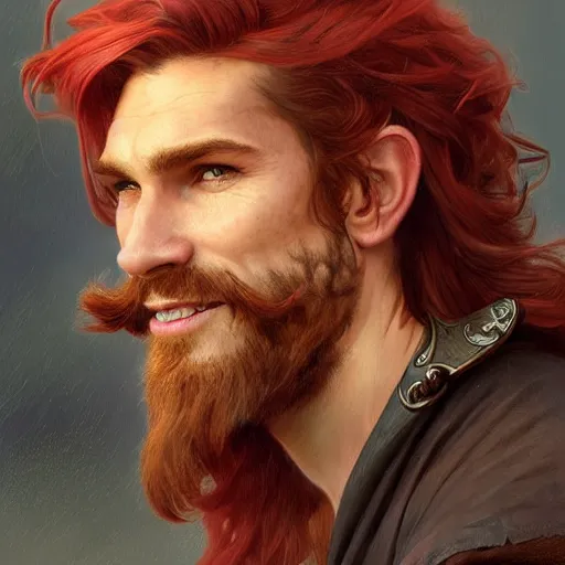 Image similar to portrait of a young ruggedly handsome but joyful pirate, male, masculine, upper body, red hair, long hair, d & d, fantasy, impish smirk, intricate, elegant, highly detailed, digital painting, artstation, concept art, matte, sharp focus, illustration, art by artgerm and greg rutkowski and alphonse mucha