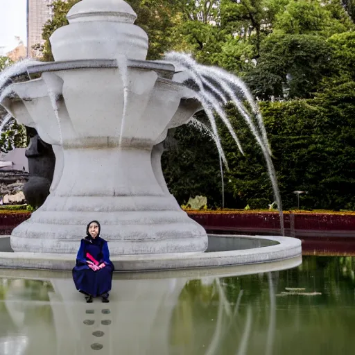 Prompt: a woman in maid uniform is sitting on a edge of a fountain in park, 8k, photo taken with Sony a7R camera