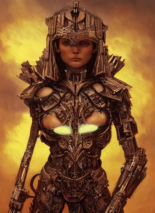 Image similar to symmetry! closeup biblical diabolical beautiful female valkyree! wooden cyborg! stylish armor, heavy eyes to the side, closeup, bright glowing eyes, in clouds, rain, sunset, portrait, by gerald brom, by mikhail vrubel, by peter elson, muted colors, extreme detail, mirrors, trending on artstation, 8 k