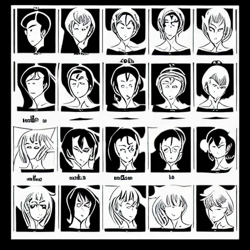 Prompt: pose reference sheet for a handsome young wizard with long, black hair, art by osamu tezuka, manga art