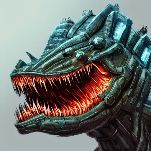 Image similar to cyborg dinosaur portrait, artstation