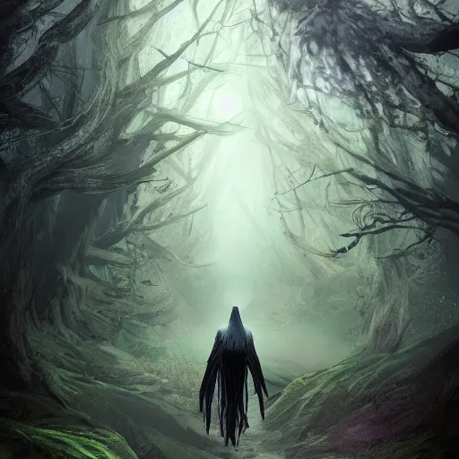 Image similar to half human half raven full body wizard walking in old forest, unreal engine, digital, artstation, detailed body, heavenly atmosphere, digital art, overdetailed art, trending on artstation, cgstudio, the most beautiful image ever created, dramatic, award winning artwork, beautiful scenery