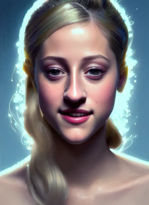 Image similar to portrait of lili reinhart, smiling kindly, bangs, 1 9 6 0 s, ponytail, bangs and ponytail, intricate, elegant, glowing lights, highly detailed, digital painting, artstation, concept art, smooth, sharp focus, illustration, art by wlop, mars ravelo and greg rutkowski