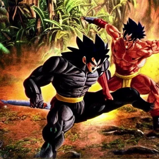 Image similar to Black-haired Saiyan warrior, fighting Yautja Predator in the jungle, 1987 cinematic, film quality