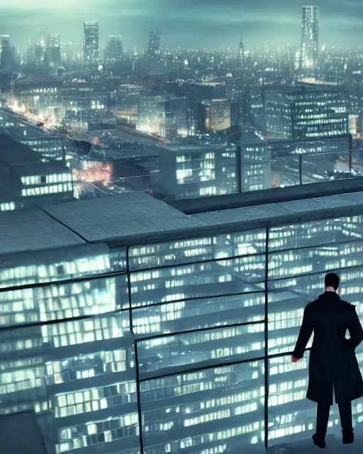Prompt: a night rooftop scene, close up shot of a photorealistic gangster wearing a trench coat looking at the city below, unreal engine, hyper realism, realistic shading, cinematic color grading