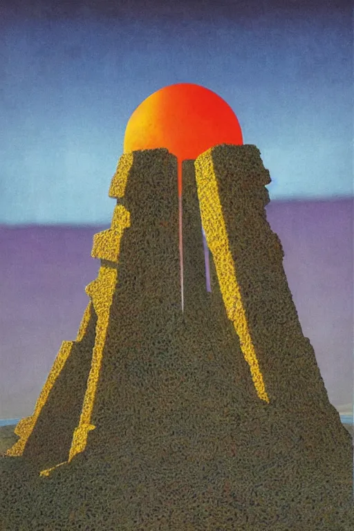 Prompt: blazing geometric sun above a monolithic temple, roger dean, stanley donwood