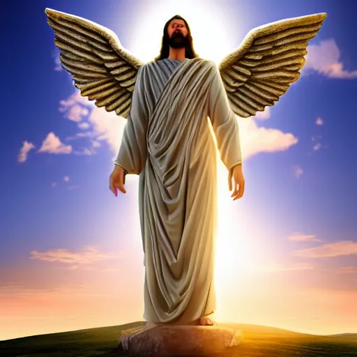 Image similar to gigantic biblical depiction of an angel towering over a vast landscape, cinematic, realistic, geometric white marble body, photorealistic, detailed, gold sky, global illumination, volumetric lighting, god rays, beautiful composition, majestic clouds, soft colors, heavenly lighting