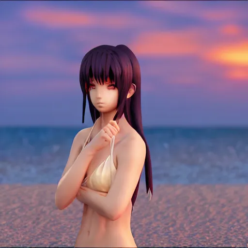 Image similar to Render of a 3d Ryougi Shiki, full round face, golden hour, serene beach setting, medium shot, mid-shot, highly detailed, trending on Artstation, Unreal Engine 4k