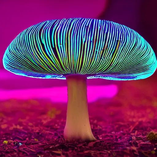 Prompt: ultraviolet - induced visible fluorescence of one layered fancy mushroom at night, low saturation, pale blue and pink, photographed by craig burrows, behance hd,