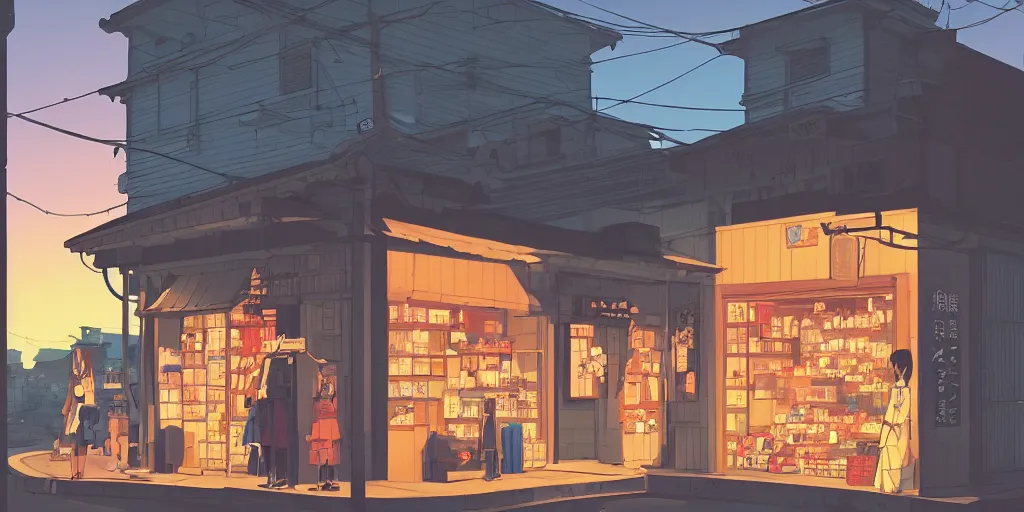 Image similar to beautiful illustration of a small shop window in kyoto on a beautiful sunset, anime manga style, aesthetic, cory loftis, james gilleard, atey ghailan, makoto shinkai, goro fujita, studio ghibli, makoto shinkai, view isometric