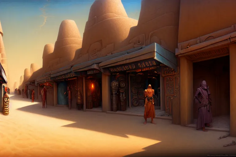 Image similar to a highly detailed bazaar street in the dune city of tyr from the land of athas, amazing dark sun digital painting, by gerald brom, brom digital art, intricate details, ultra realistic, beautiful art, volumetric lighting, warm colors advance cool colors recede, by brom, trending cgsociety, artstation, rim lighting, 8 k