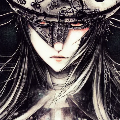 Image similar to yoshitaka amano blurred and dreamy illustration of an anime girl with pirate eye patch, wavy white hair and cracks on her face wearing elden ring armour with the cape fluttering in the wind, abstract black and white patterns on the background, noisy film grain effect, highly detailed, renaissance oil painting, weird portrait angle