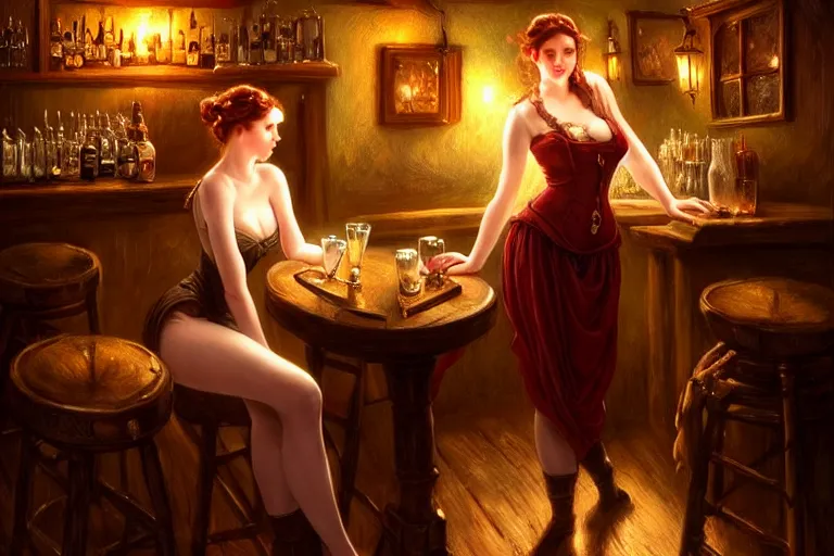 Image similar to a beautiful barmaid, dimly lit cozy tavern, relaxed pose, fantasy, intricate, elegant, dramatic lighting, emotionally evoking symbolic metaphor, highly detailed, lifelike, photorealistic, digital painting, artstation, concept art, smooth, sharp focus, illustration, art by John Collier and Albert Aublet and Krenz Cushart and Artem Demura and Alphonse Mucha, epic composition, grim yet sparkling atmosphere, dim volumetric lighting, 8k octane beautifully detailed render, post-processing, extremely hyperdetailed, cinematic lighting + masterpiece, trending on artstation