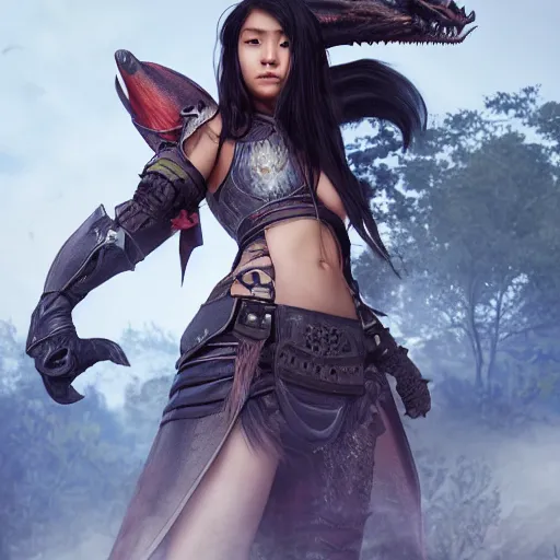 Prompt: a portrait of a full body beautiful asian girl, young with long hair, wearing monster hunter armor, hunting, longsword, horror scene, hyper - realistic, very detailed, intricate, very sexy pose, slight smile expression, unreal engine, by artgerm, wlop and ross thran, dramatic cinematic lighting rendered by octane, 8 k, detailed