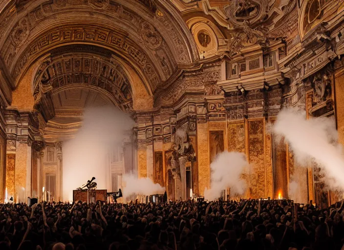 Image similar to a high resolution photograph of sunn o ) ) ) playing live at the vatican with monk robes, smoke machines, huge walls of amplifiers, many amplifiers stacked high, ornate