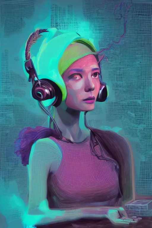 Prompt: epic 3 d abstract 🇵🇷 headset hacker, spinning hands and feet, 2 0 mm, plum and teal peanut butter melting smoothly into asymmetrical tea trees, thick wires looping, liquid cooling, beautiful code, houdini sidefx, trending on artstation, by jeremy mann, ilya kuvshinov, jamie hewlett and ayami kojima