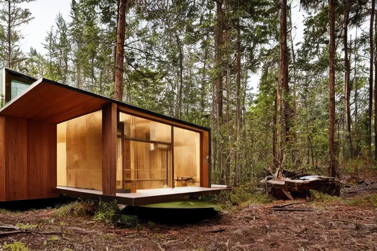 Image similar to a large modern cabin sitting on detritus, with curved shapes and ergonomic design, lush foliage