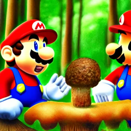 Prompt: mario and luigi eating mushrooms in the forest in a photorealistic style, photo captured on polaroid