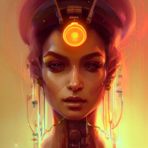 Prompt: a portrait of a beautiful cybernetic gypsie, cyberpunk concept art by pete mohrbacher and wlop and artgerm and josan gonzales, digital art, highly detailed, intricate, sci-fi, sharp focus, Trending on Artstation HQ, deviantart, unreal engine 5, 4K UHD image